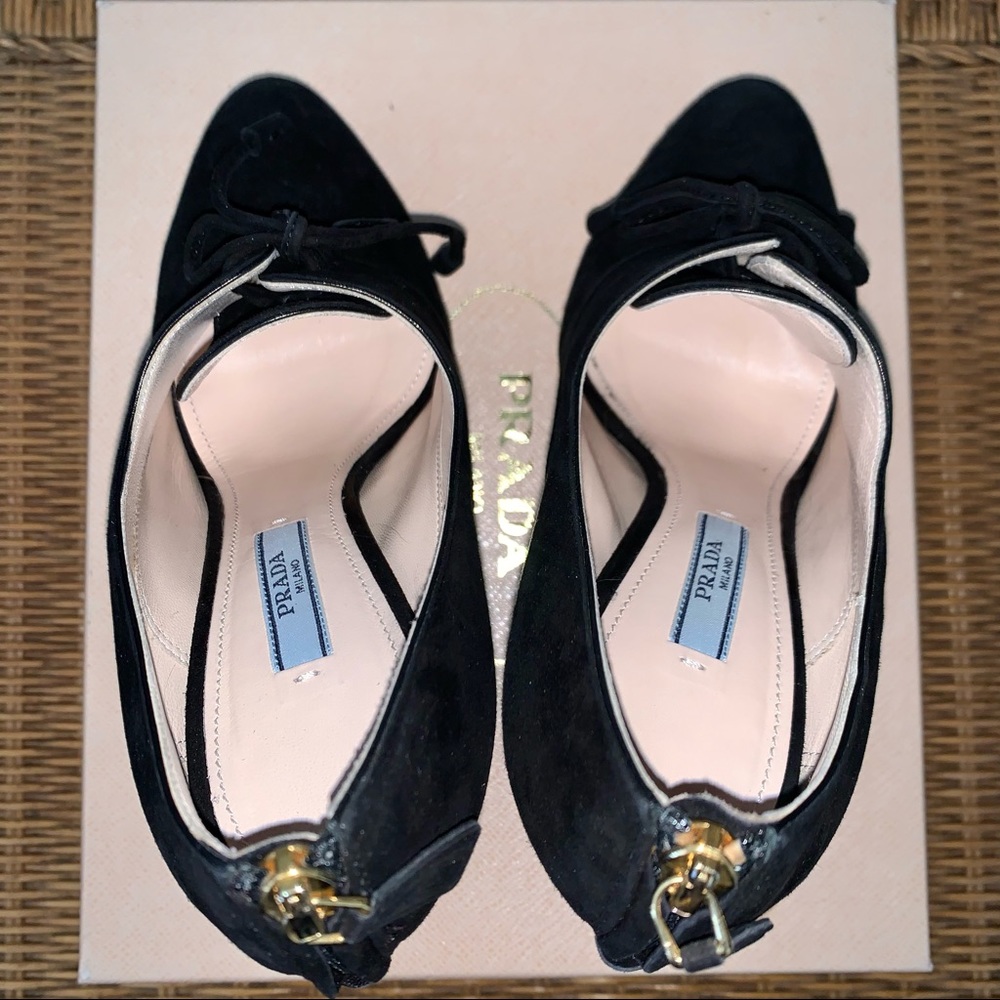 Prada Black Suede Oxfords Lace Up Platform Pumps Sz 37.5 - Picture 4 of 8